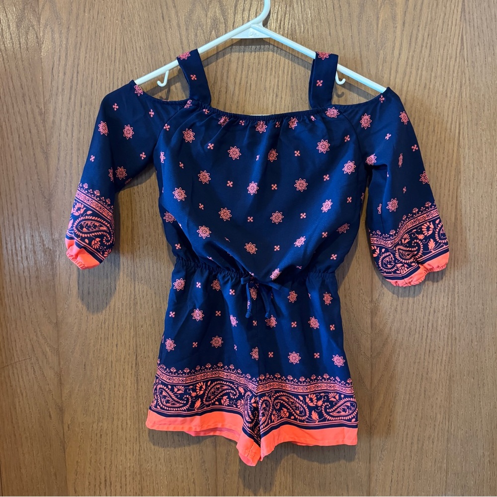 My Michelle Girl Navy & Coral Paisley Cold Shoulder Romper - Size S